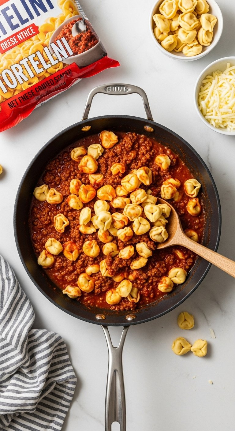 Frozen Cheese Tortellini Being Stirred Into A Rich Meat Sauce In A Skillet On A White Marble Countertop.