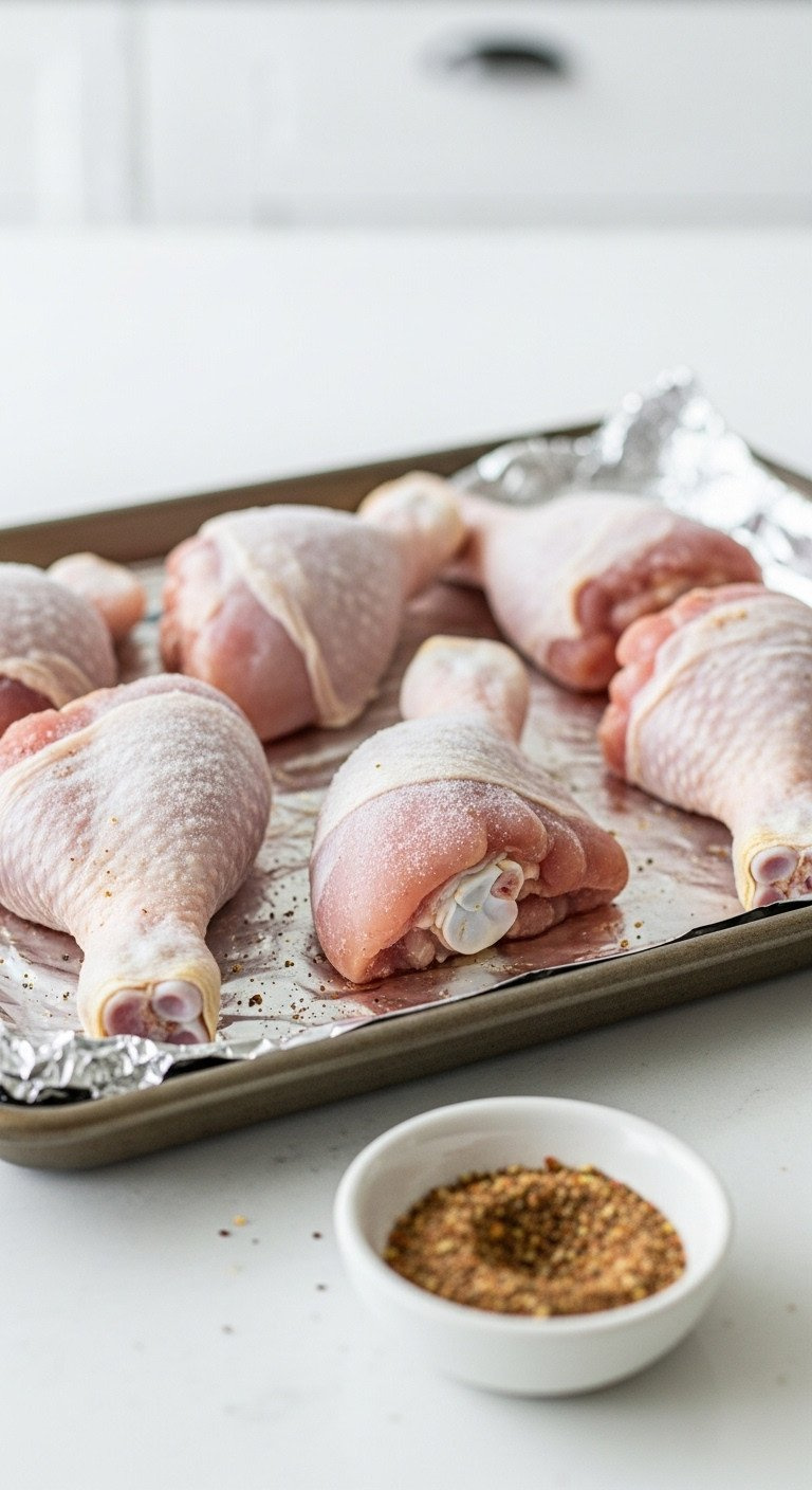 Frozen Chicken Drumsticks On Foil Baking Sheet, Frosted, Rigid. Icy. Seasoning Rub. Bright Kitchen Light.