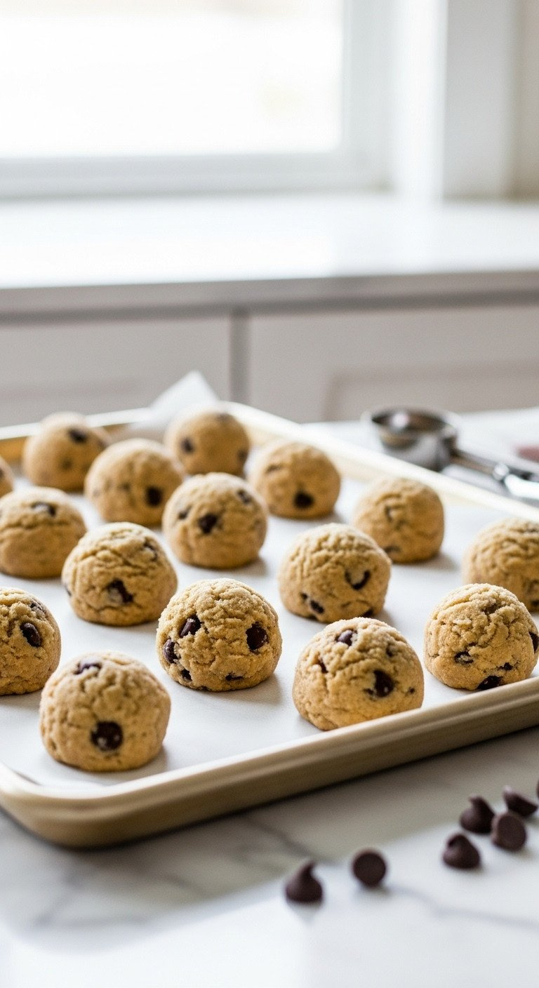 Frozen Chocolate Chip Cookie Dough Balls On A Parchment-Lined Baking Sheet On A Marble Countertop With A Cookie Scoop Nearby.