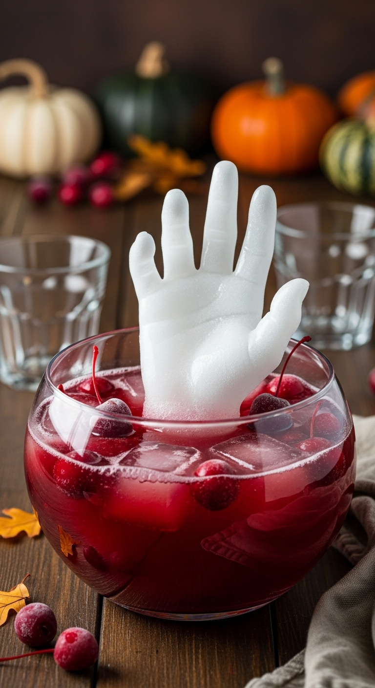 Frozen Hand Cranberry Ginger Ale Punch With Cherries In A Glass Bowl On A Dark Wood Table With Pumpkins