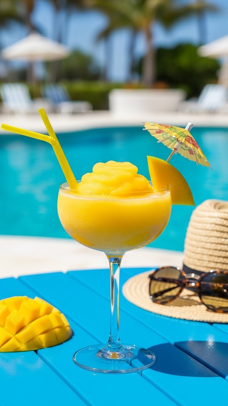 Frozen Mango Daiquiri In Classic Glass With Mango Wedge And Umbrella Garnish By Poolside Setting