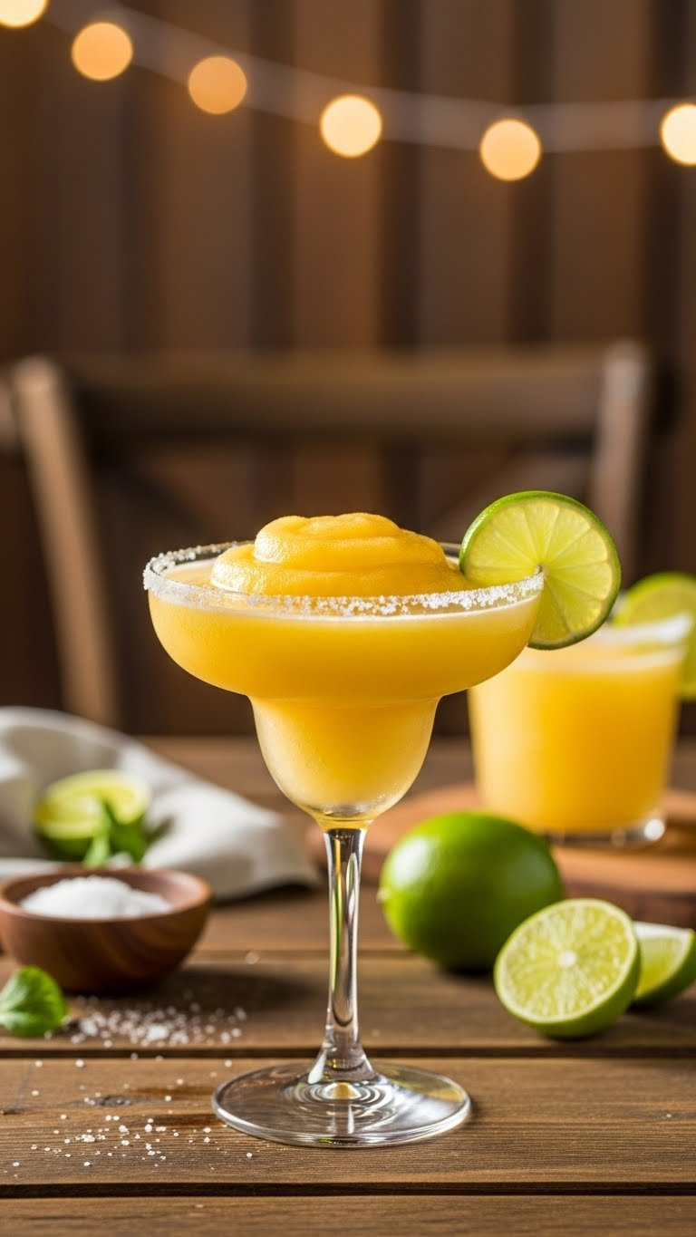 Frozen Mango Margarita In Classic Glass With Salted Rim And Lime Wedge Garnished On Rustic Wooden Table Setting.