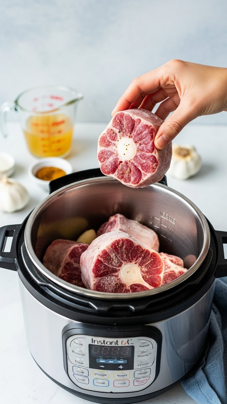 Frozen Pre-Seasoned Oxtail Being Placed Into An Instant Pot With Garlic And Onions, Ready For Convenient Cooking.
