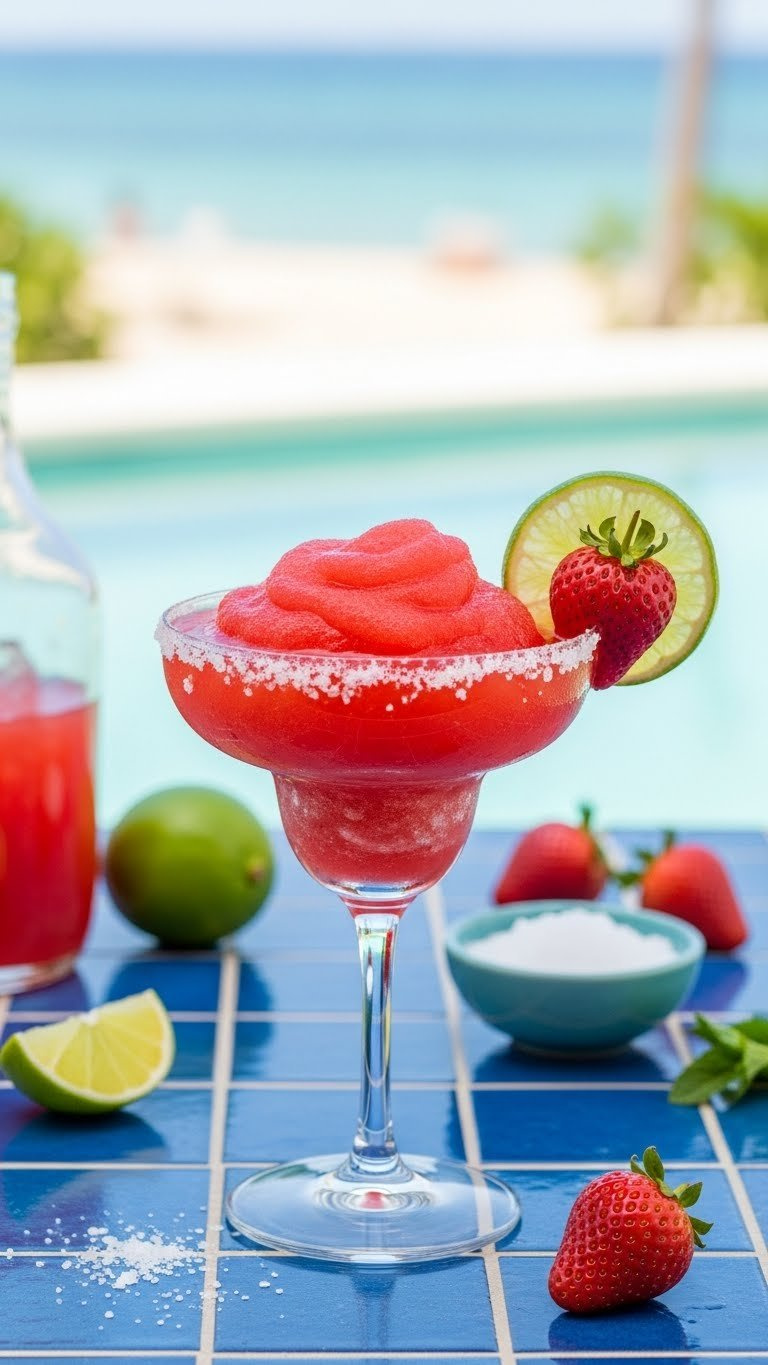 Frozen Strawberry Margarita In Salt-Rimmed Glass With Lime Wheel Garnish On Vibrant Blue Tiled Beach Table.