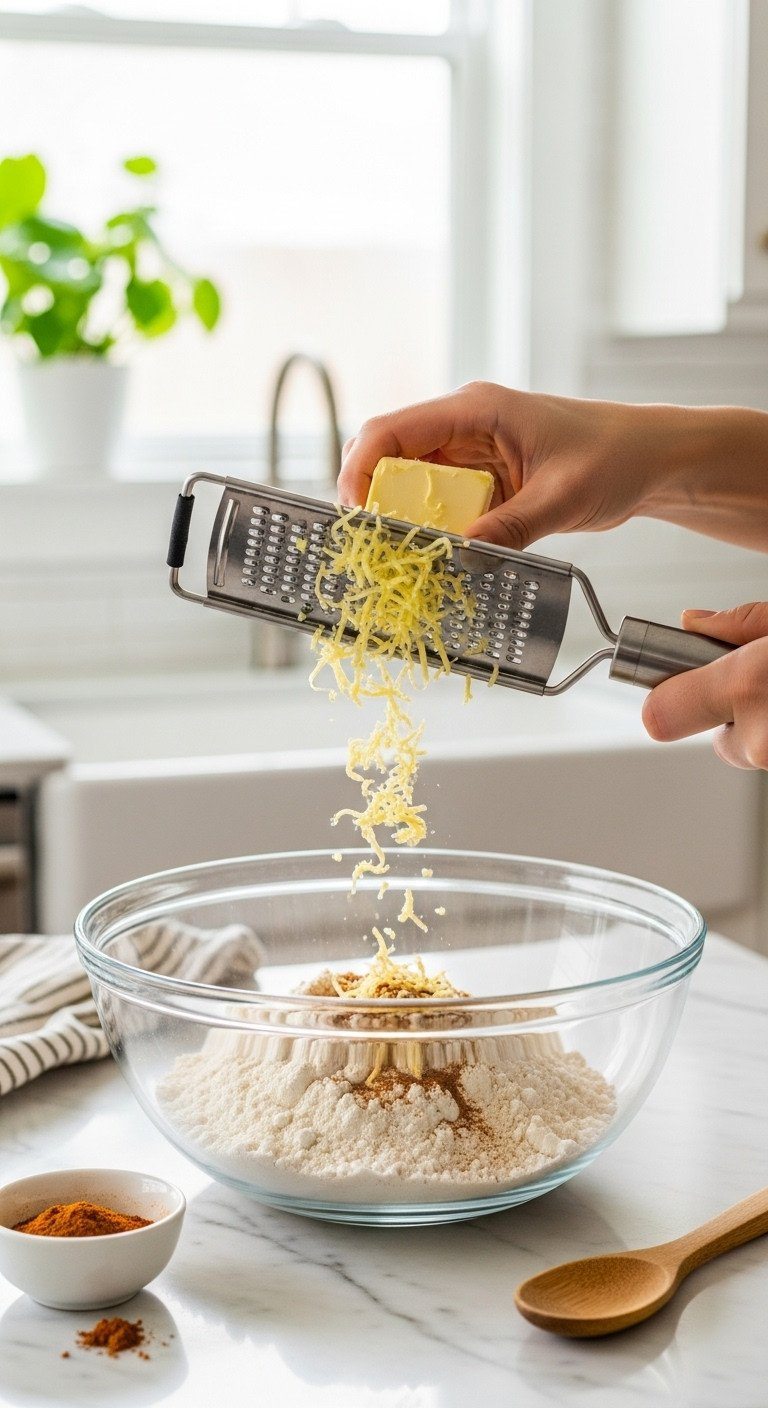 Frozen Yellow Butter Grated Into Flour And Spices With A Metal Grater In A Glass Bowl On A Marble Counter For Scone Recipe Preparation.