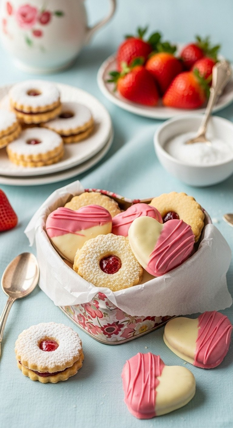 Fruit-Themed Shortbread Cookies: Linzer With Powdered Sugar And Heart-Shaped With Pink Glaze, In A Rustic Box.