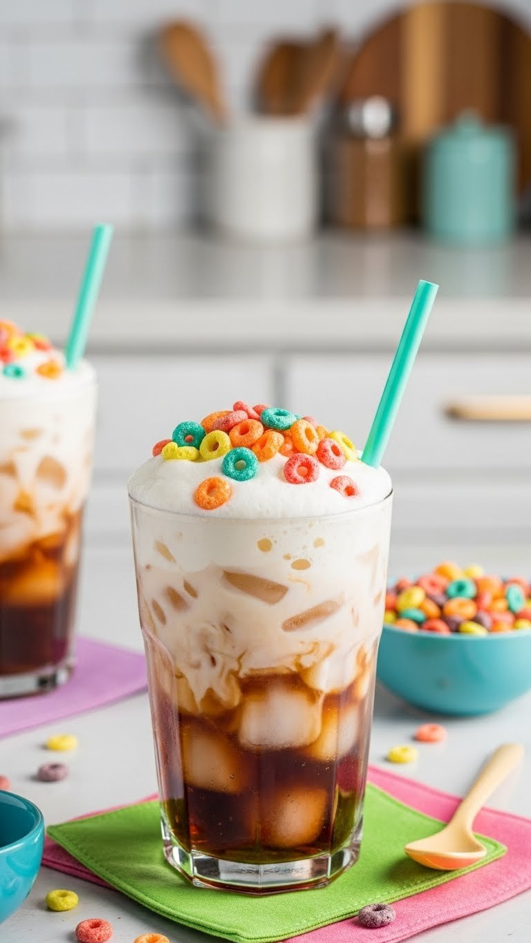 Fruity Pebble Dr Pepper With Cereal Milk Froth And Colorful Sprinkles On Dark Soda Base