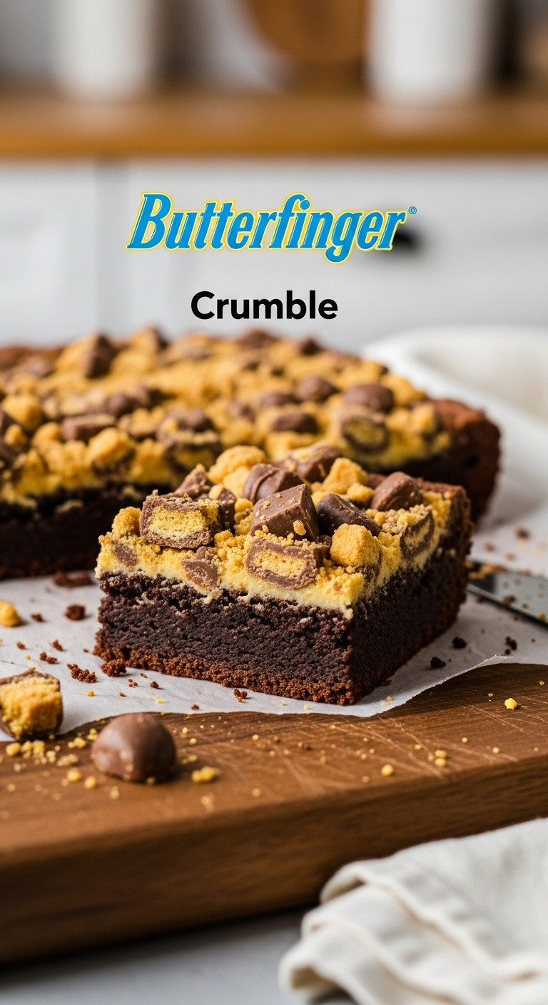 Fudgy Butterfinger Crumble Brownie Cut Square On A Rustic Board, Topped With Golden, Crunchy Candy Crumbles.