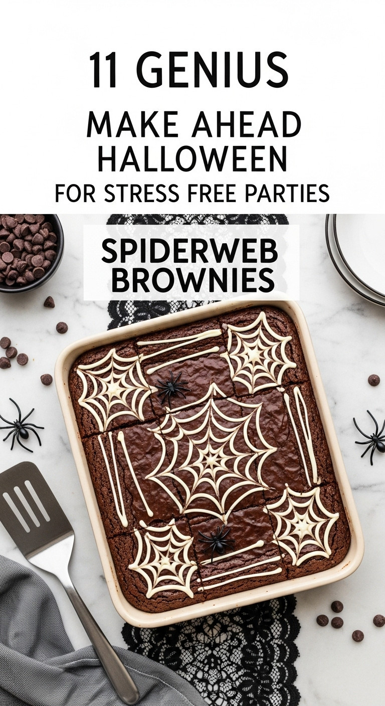 Fudgy Halloween Spiderweb Brownies With White Frosting Design &Amp; Plastic Spiders In A Baking Dish. Spooky, Elegant Party Dessert.
