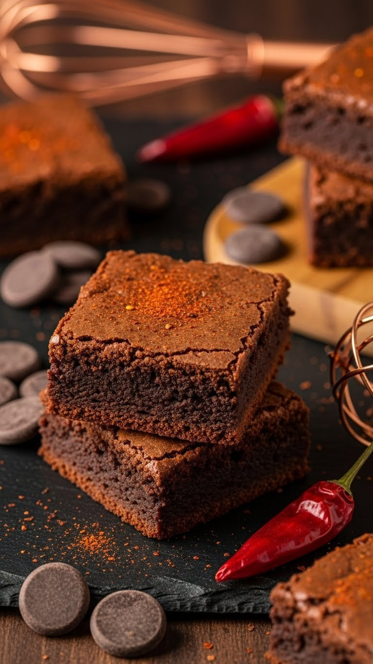 Fudgy Mexican Chocolate Chili Brownies, Stacked, With Crackle Top And Subtle Chili Powder Dusting On Dark Slate Surface.