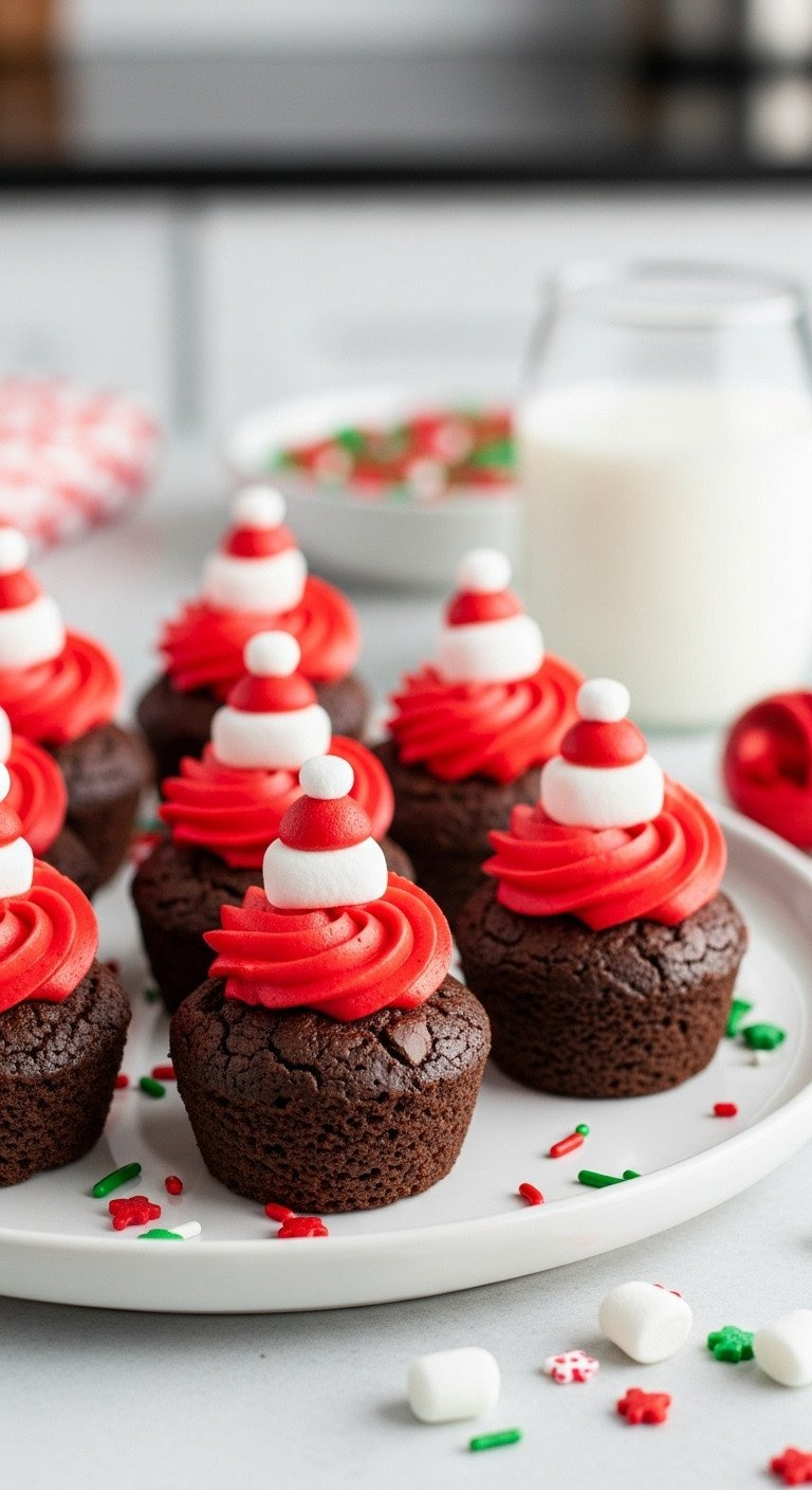 Fudgy Santa Hat Brownie Bites With Red Frosting And Marshmallows On A White Platter, Festive Christmas Treats.