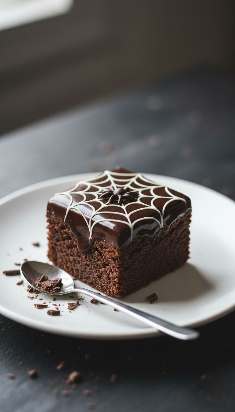 Fudgy Spiderweb Brownie Bite: Dark Chocolate, White Chocolate Web Pattern, Edible Spider. Elegant Halloween Treat.