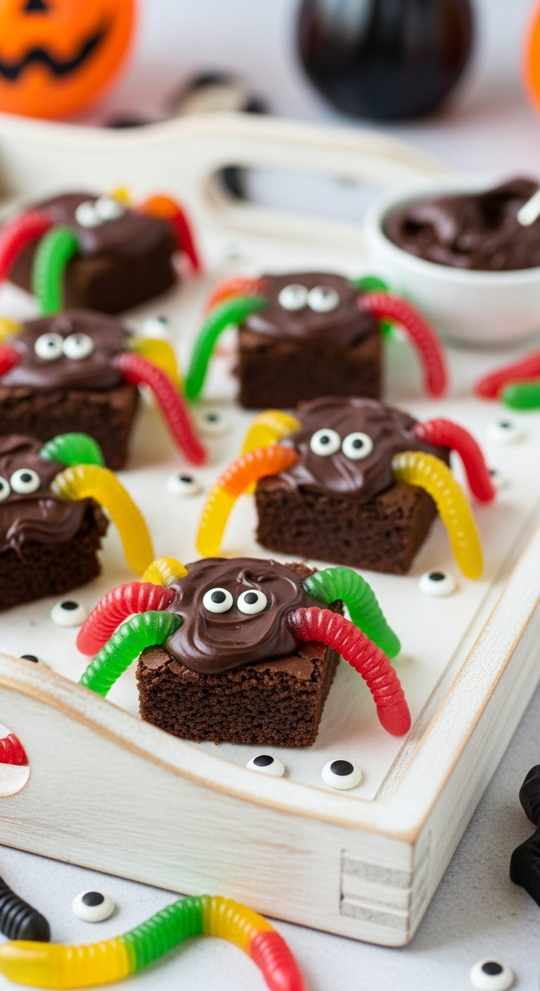 Fudgy Brownie Bite Spiders With Dark Chocolate, Colorful Gummy Worm Legs, And Googly Candy Eyes On A Rustic Tray; Spooky Halloween.