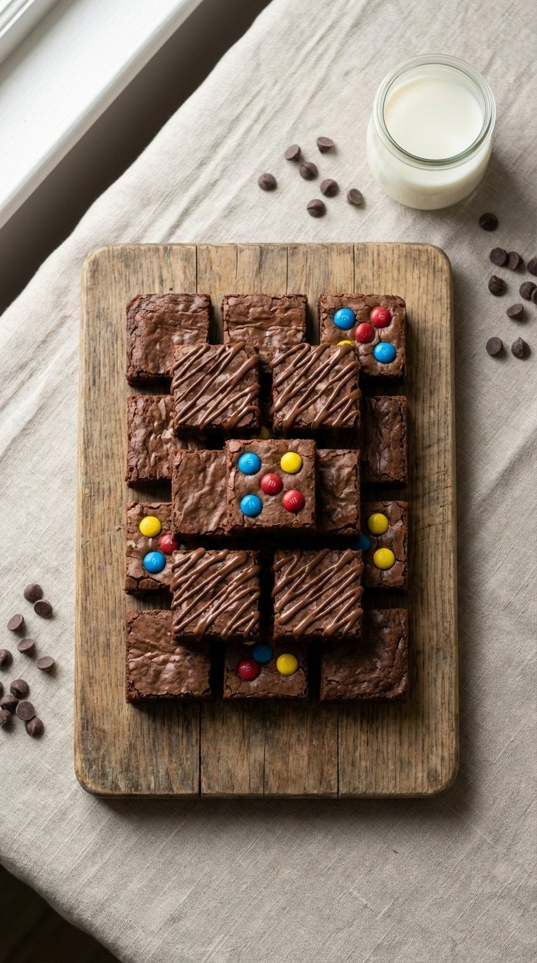 Fudgy Brownie Bites With M&Amp;Ms And Chocolate Drizzle Stacked On Rustic Wooden Board With Milk Glass.