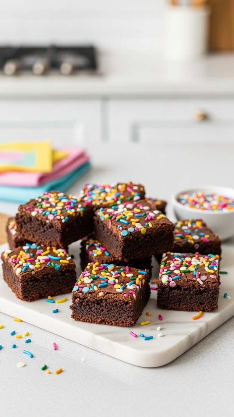 Fudgy Brownie Bites With Colorful Sprinkles Arranged On Marble Serving Board In Bright Daylight Kitchen Setting