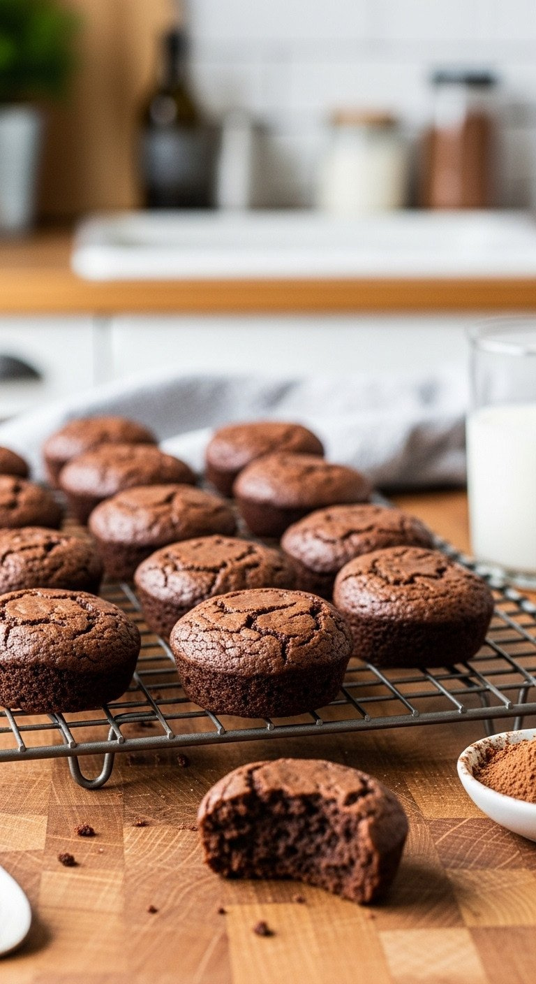 Fudgy Brownie Bites With Crackly Tops On A Wire Cooling Rack, One Broken In Half Showing The Dense, Chocolatey Interior.