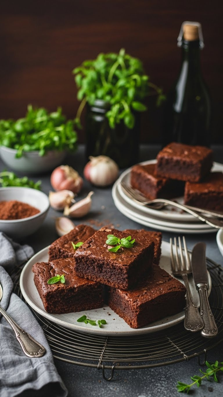 Fudgy Brownies On Vintage Wire Rack With Dark Wood Background