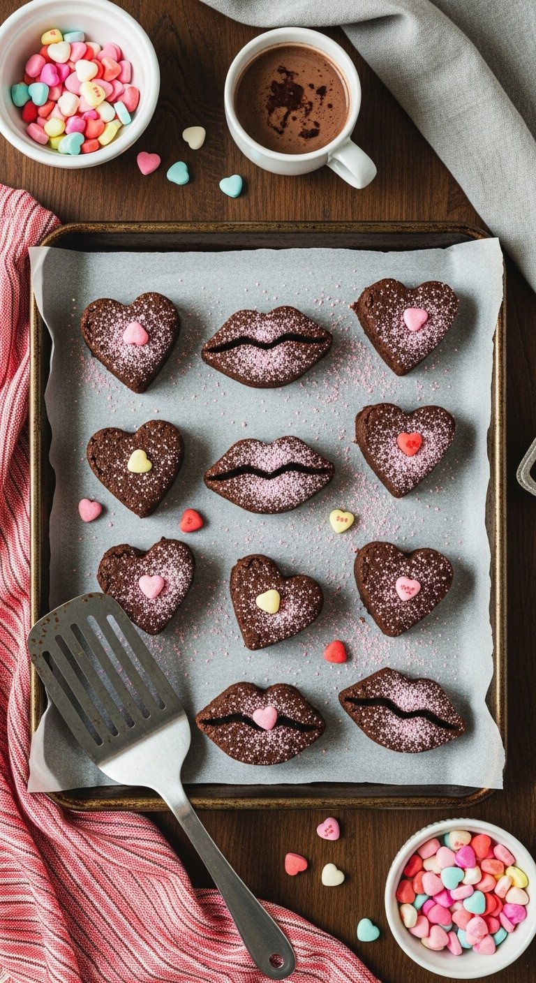 Fudgy Chocolate Brownie Heart And Lip Cutouts, Dusted With Pink Powdered Sugar And Conversation Hearts, On Parchment.