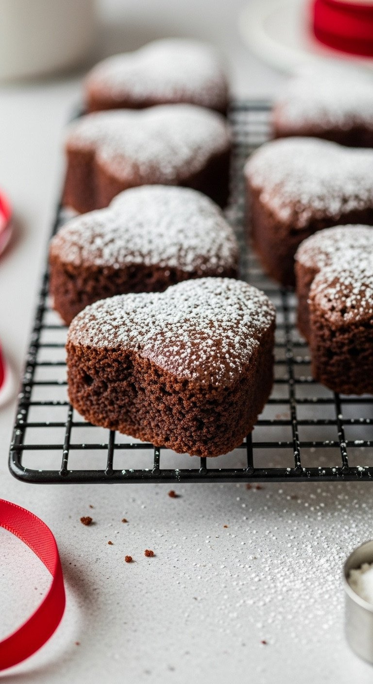 Fudgy Chocolate Brownie Hearts Dusted With Powdered Sugar, On A Black Cooling Rack, Stone Counter, Soft Window Light.