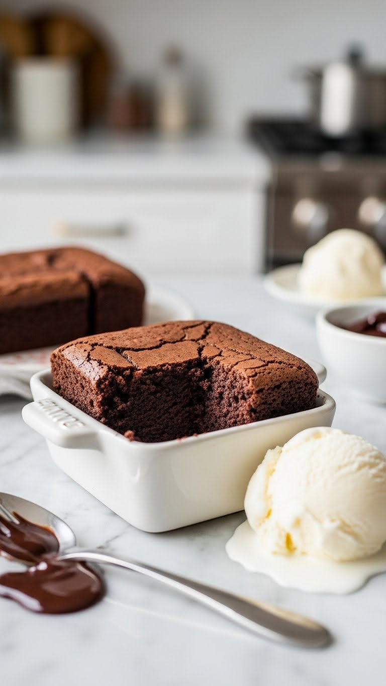 Fudgy Chocolate Brownie In Square Dish, Sliced, With Melted Dark Chocolate Drizzle And Melting Vanilla Ice Cream On Marble.