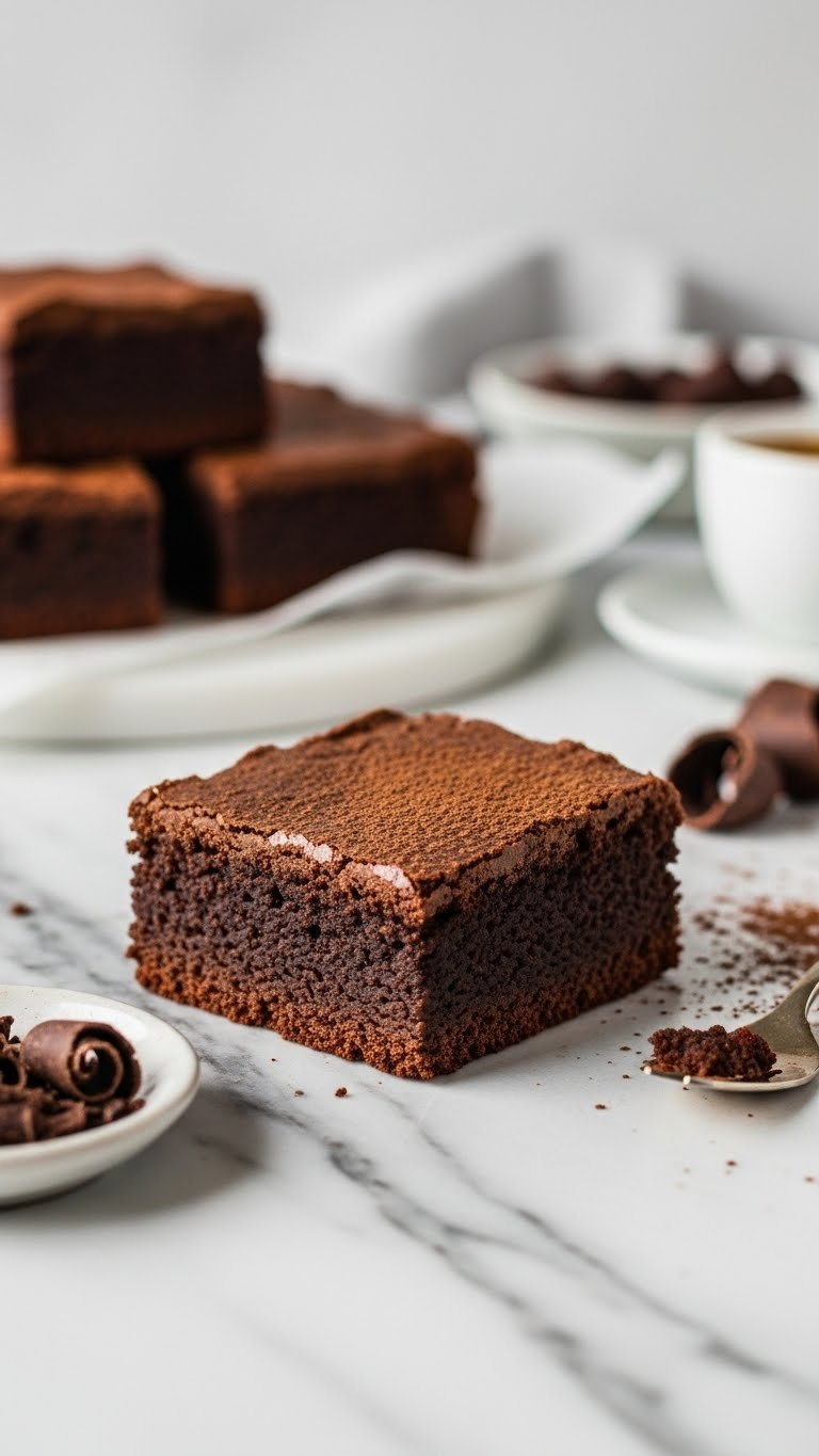 Fudgy Chocolate Brownie Square With Crinkled Top On Marble Countertop With Cocoa Powder Dusting And Chocolate Curls