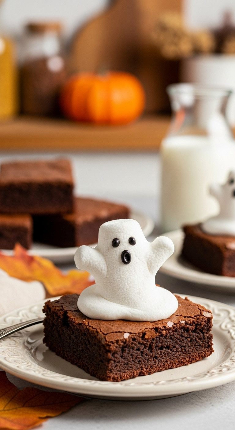 Fudgy Chocolate Brownie Topped With A Melted Marshmallow Ghost, Black Icing Eyes On A Vintage Plate, Perfect Halloween Dessert.