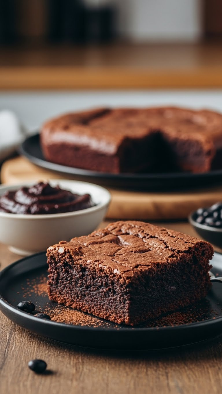 Fudgy Chocolate Brownie With Crinkled Top, Pureed Black Beans Bowl With Whole Beans On Dark Ceramic Plate.