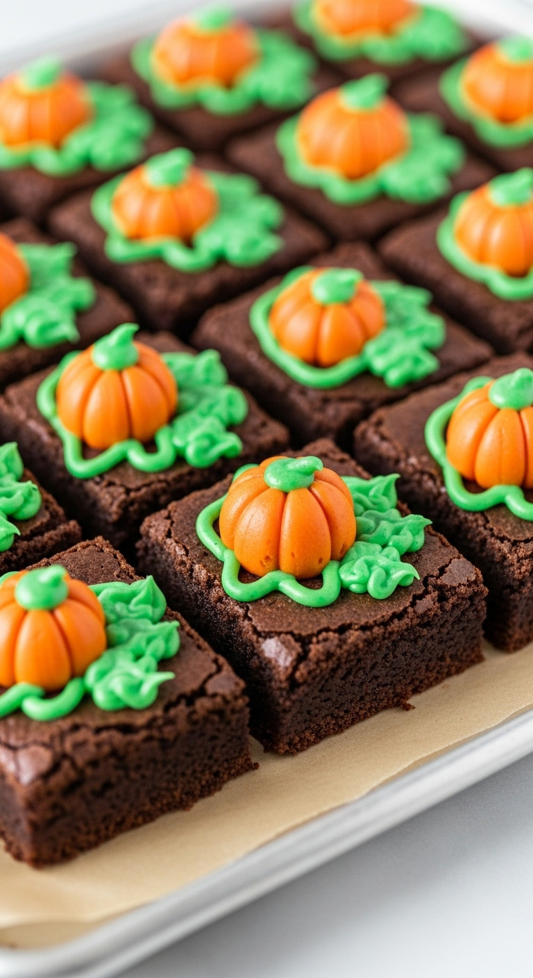 Fudgy Chocolate Brownies, Cut Into Squares, Decorated With Green Frosting &Amp; Candy Pumpkins As A Mini Pumpkin Patch.