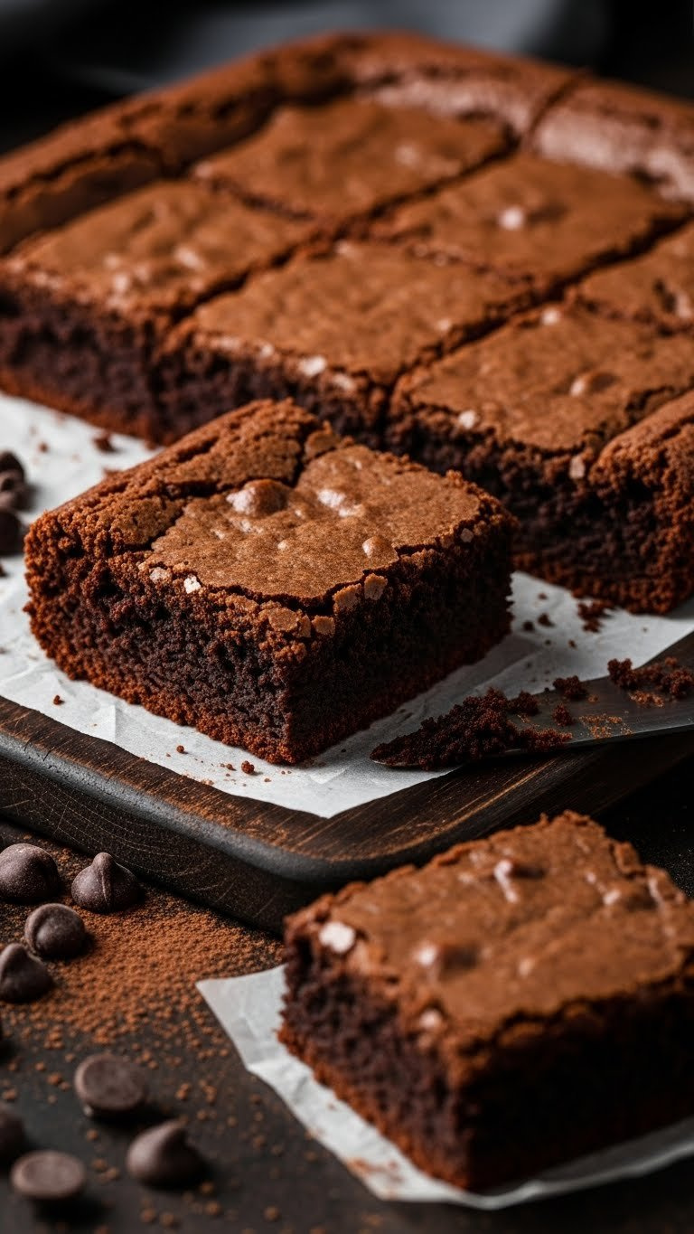 Fudgy Chocolate Brownies, Freshly Cut Into Squares, Showing A Cracked Top Crust And Dense, Moist Interior.
