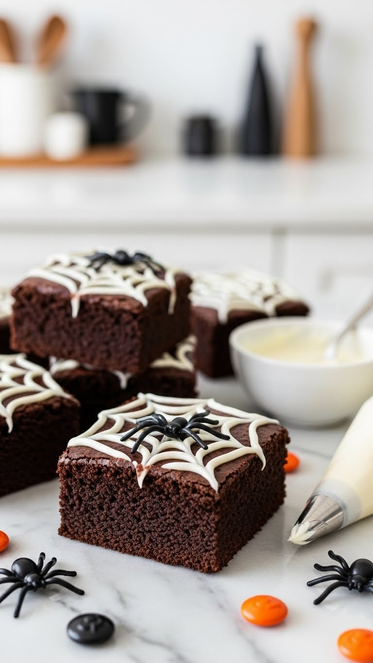 Fudgy Chocolate Brownies With Black Cocoa Texture And White Frosting Spider Web Design Featuring Edible Plastic Spider