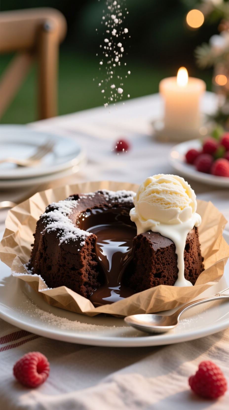 Fudgy Chocolate Molten Lava Cake With Vanilla Ice Cream, Powdered Sugar, And Raspberries From A Slow Cooker Insert.