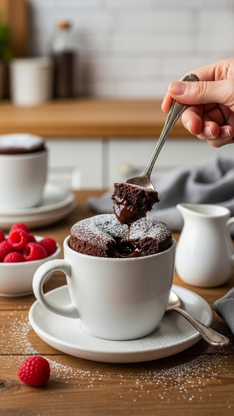 Fudgy Chocolate Mug Cake In A White Ceramic Mug With Molten Center, Powdered Sugar, Spoon, Raspberries On Rustic Wood.