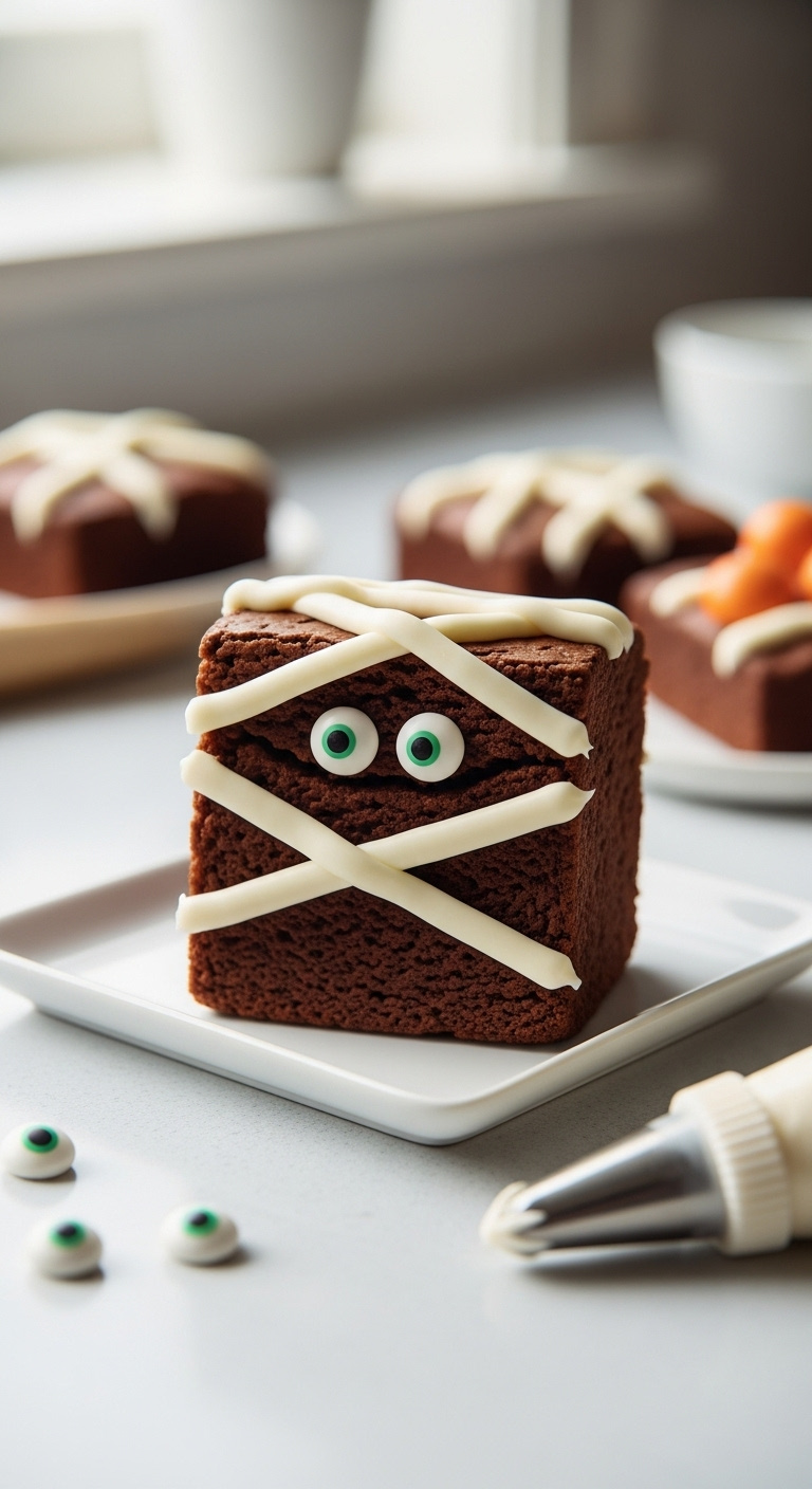 Fudgy Chocolate Mummy Brownie With White Frosting Bandages And Candy Eyeballs On A Small White Plate