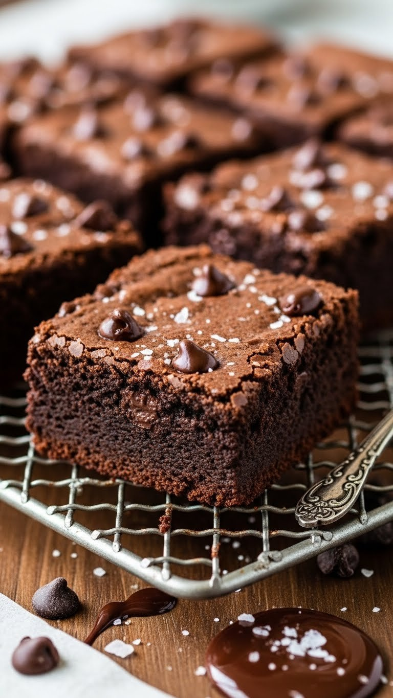 Fudgy Dark Chocolate Greek Yogurt Brownie Square With Chocolate Chips On Wire Cooling Rack