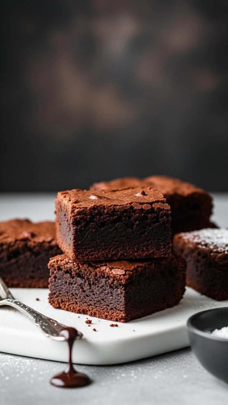 Fudgy Eggless Chocolate Brownies With Dense Interior, Powdered Sugar, And Chocolate Drizzle On A White Plate. Rich Dessert.