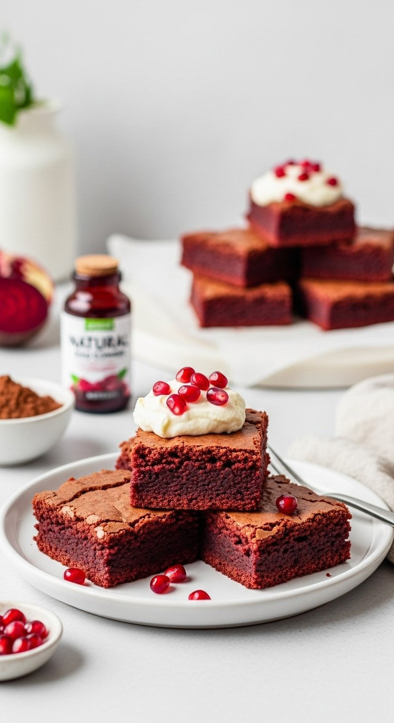 Fudgy Gluten-Free Red Velvet Brownies With Dairy-Free Cream Cheese Frosting And Pomegranate Seeds On A White Plate.