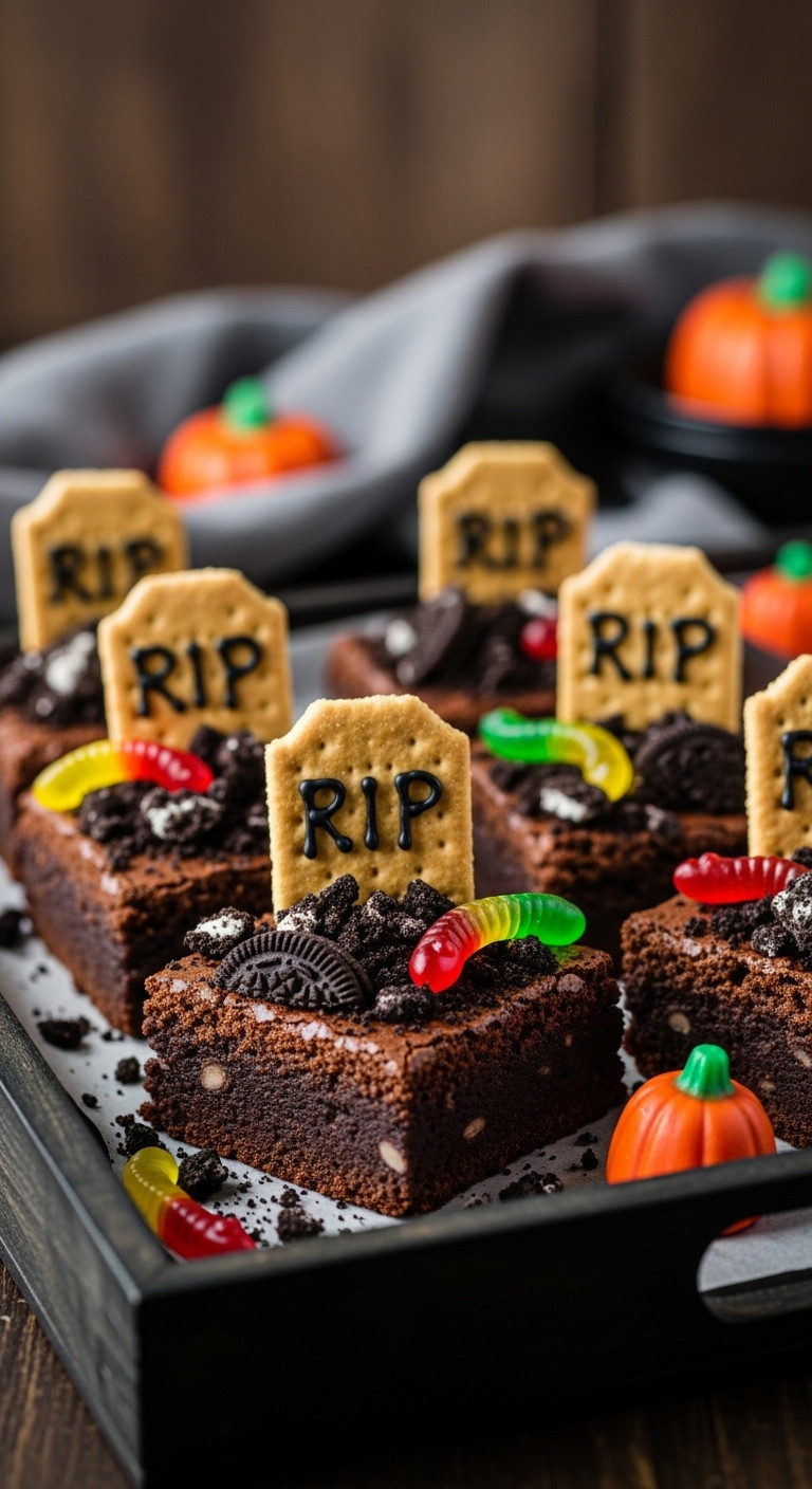 Fudgy Graveyard Black Bean Brownies With 'Tombstones', 'Dirt', And Gummy Worms. Halloween Fun.