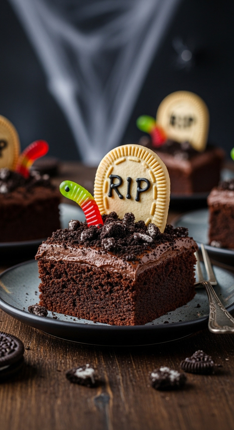 Fudgy Graveyard Brownie With Chocolate Frosting Oreo Dirt Milano Tombstone Rip And Gummy Worm On Rustic Ceramic Plate