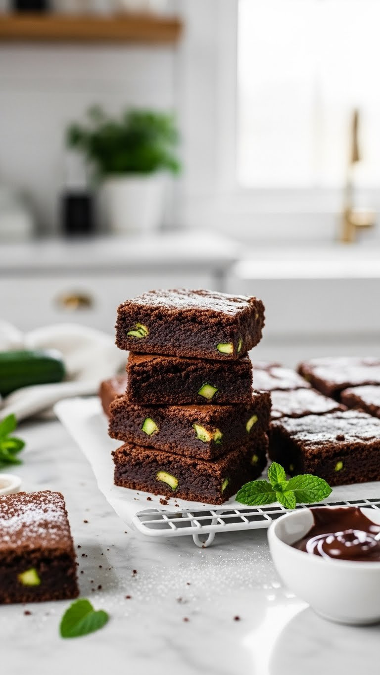 Fudgy Healthy Zucchini Brownies Stacked On White Cooling Rack With Subtle Green Vegetable Flecks