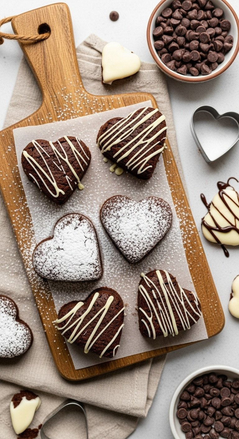 Fudgy Heart-Shaped Brownie Bites, Some With Powdered Sugar, Others With White Chocolate Drizzle. Sweet, Homemade Dessert.