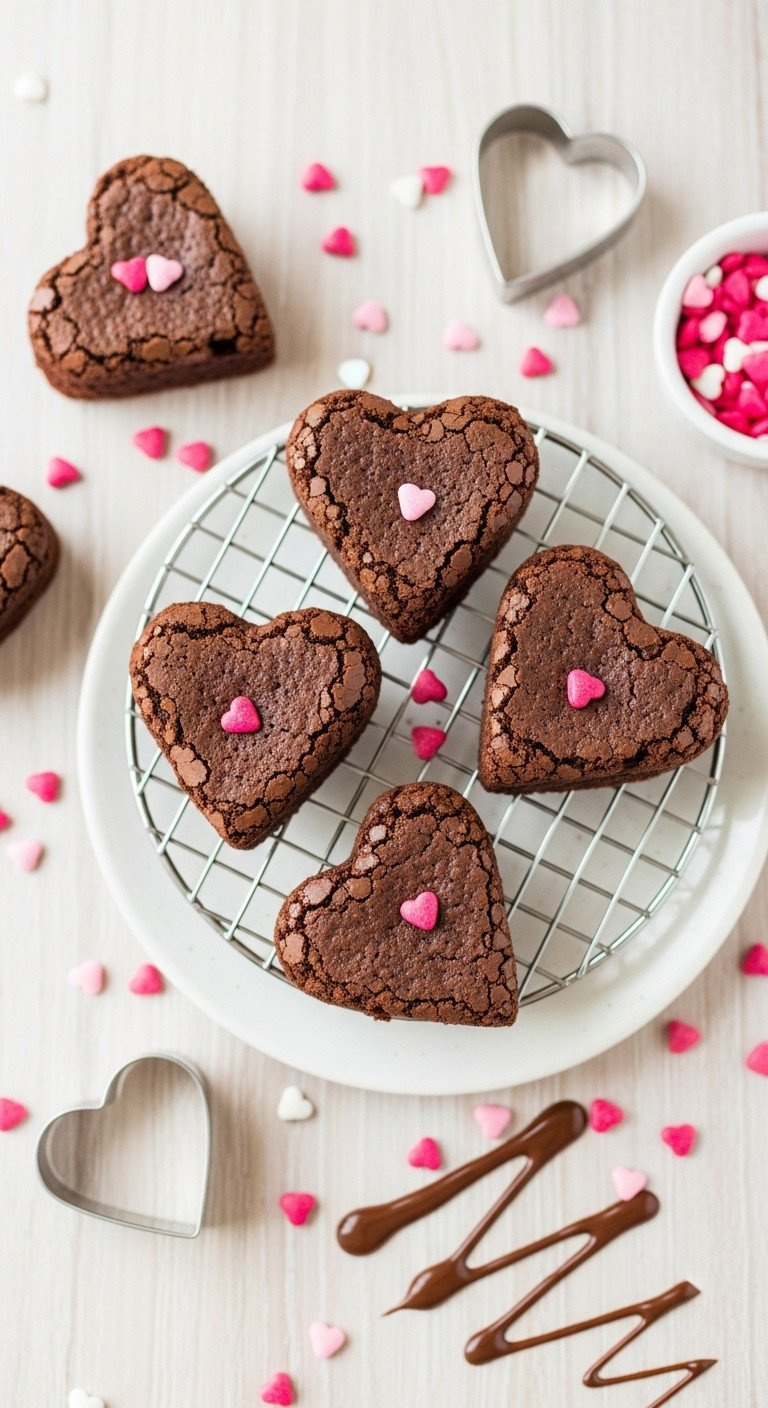 Fudgy Heart-Shaped Chocolate Brownies On A Cooling Rack, With Scattered Pink And Red Sprinkles. Perfect Sweet Treat.