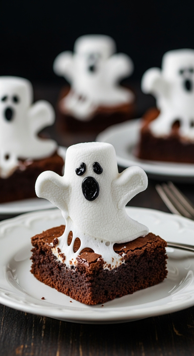 Fudgy Marshmallow Ghost Brownie With Black Icing Face On A Vintage Ceramic Plate