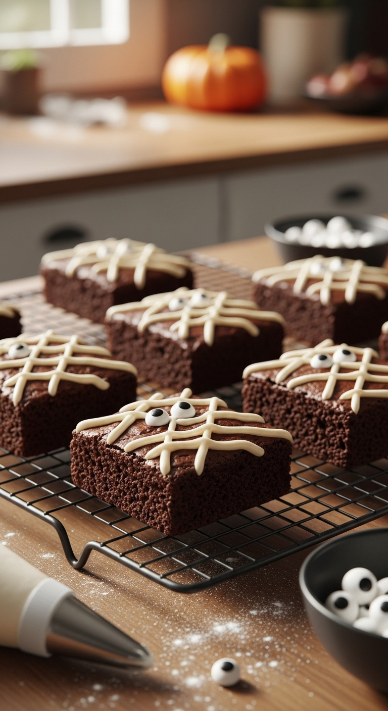 Fudgy Mummy Brownies With White Frosting Bandages And Candy Eyeballs On A Cooling Rack In A Kitchen