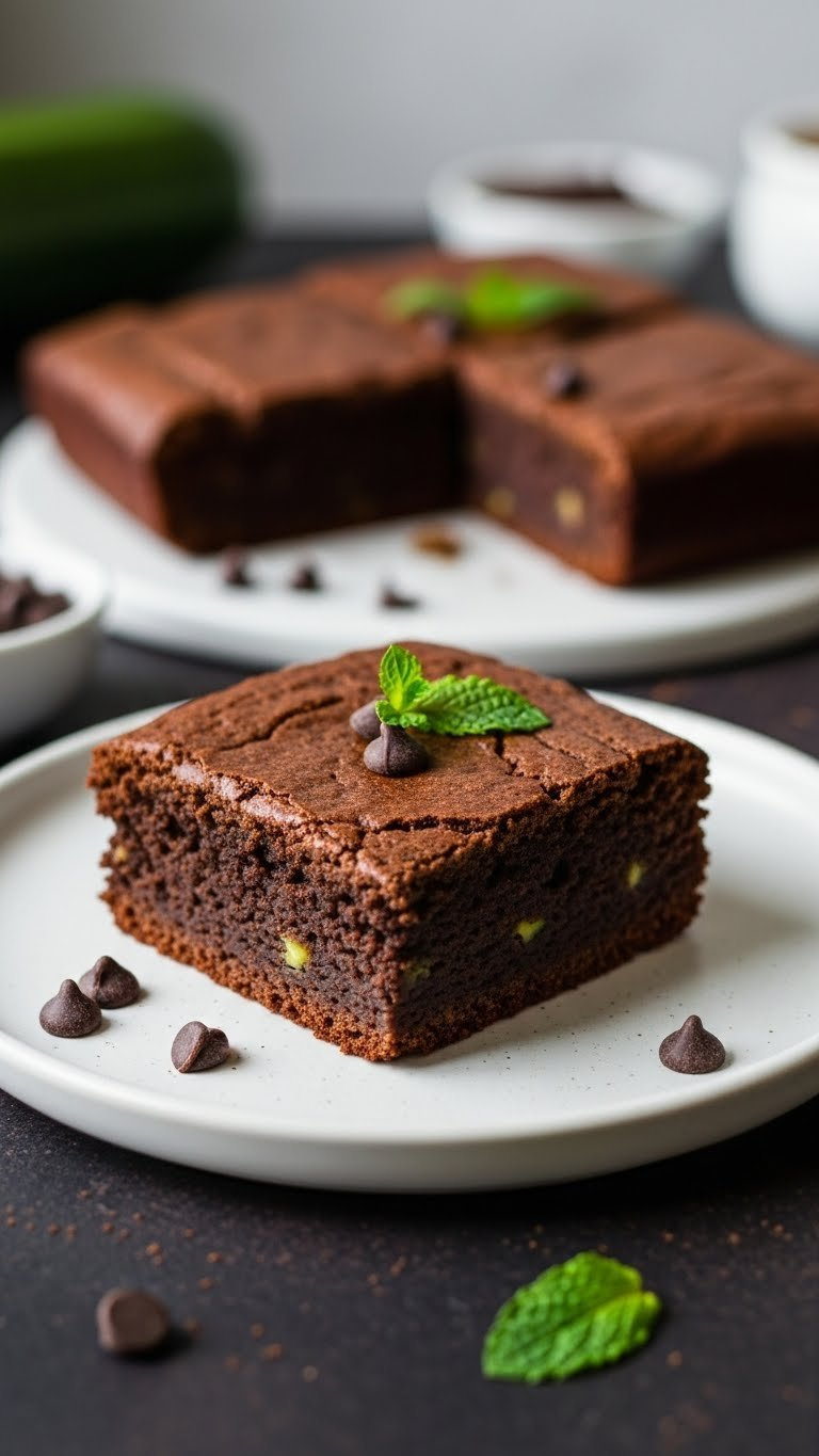 Fudgy Paleo Zucchini Brownie Square With Crinkled Top On Minimalist White Ceramic Plate