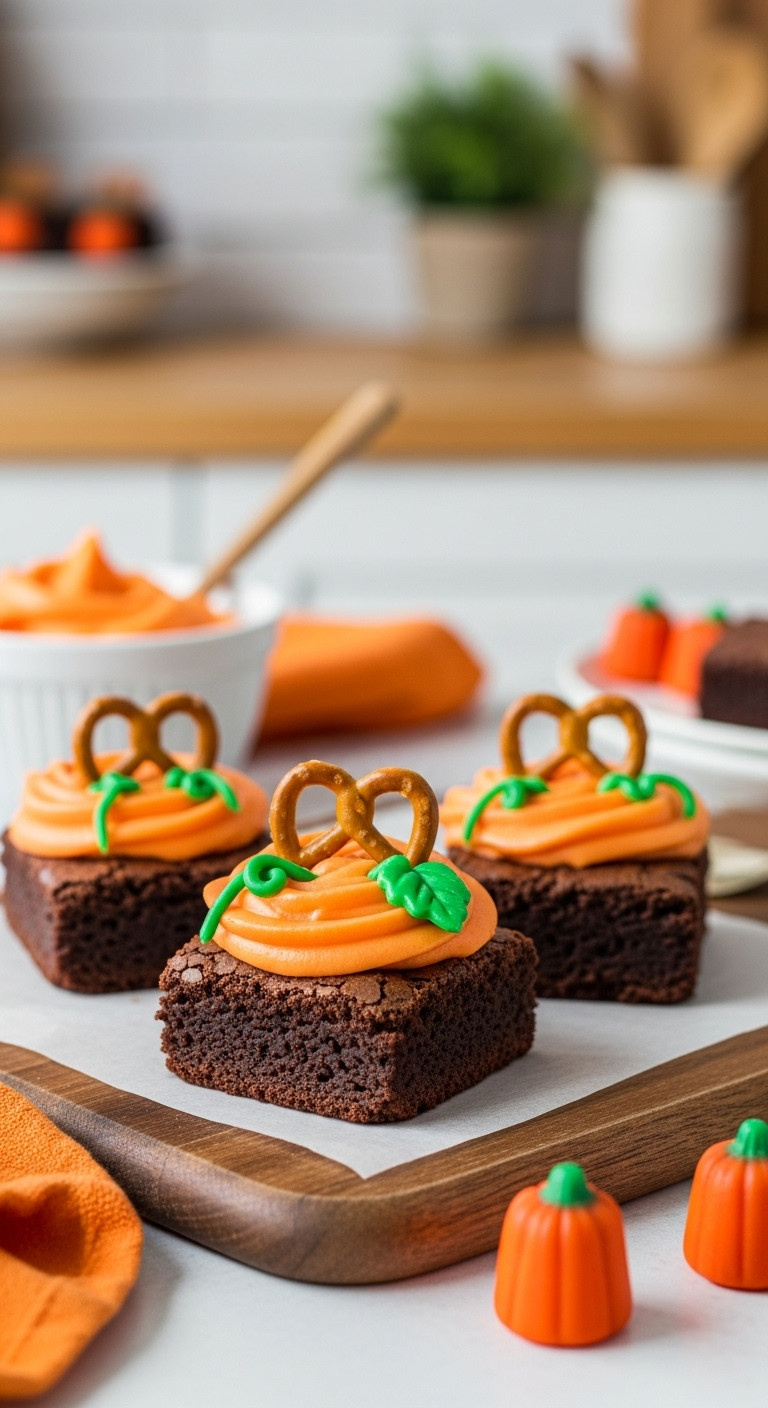 Fudgy Pumpkin Patch Brownie Bites With Orange Frosting, Pretzel Stems, Candy Leaves On Rustic Board. Fall Treat Recipe.