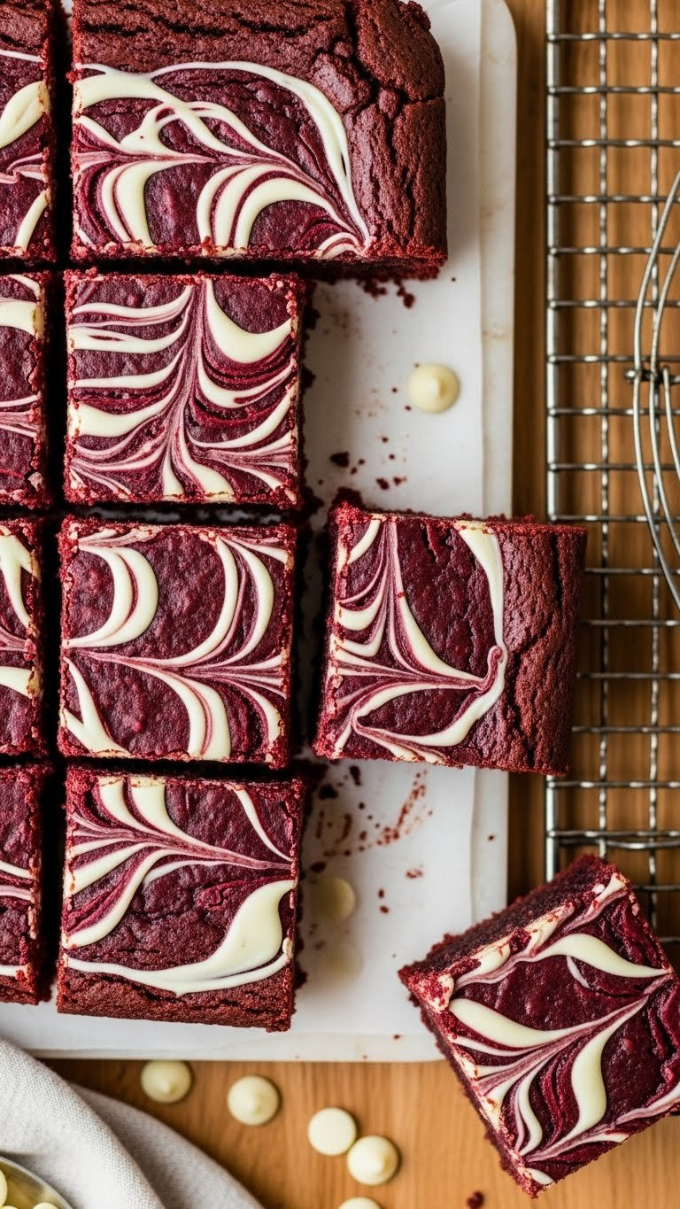 Fudgy Red Velvet Brownies With White Chocolate Swirl, Cut Into Squares On Parchment Paper. Sweet Dessert Treats.