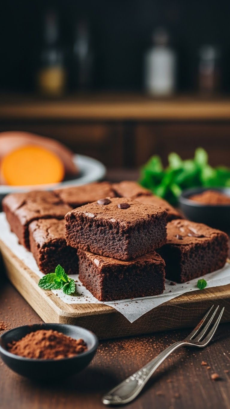 Fudgy Sweet Potato Brownies With Cracked Tops Cut Into Squares On Rustic Cutting Board