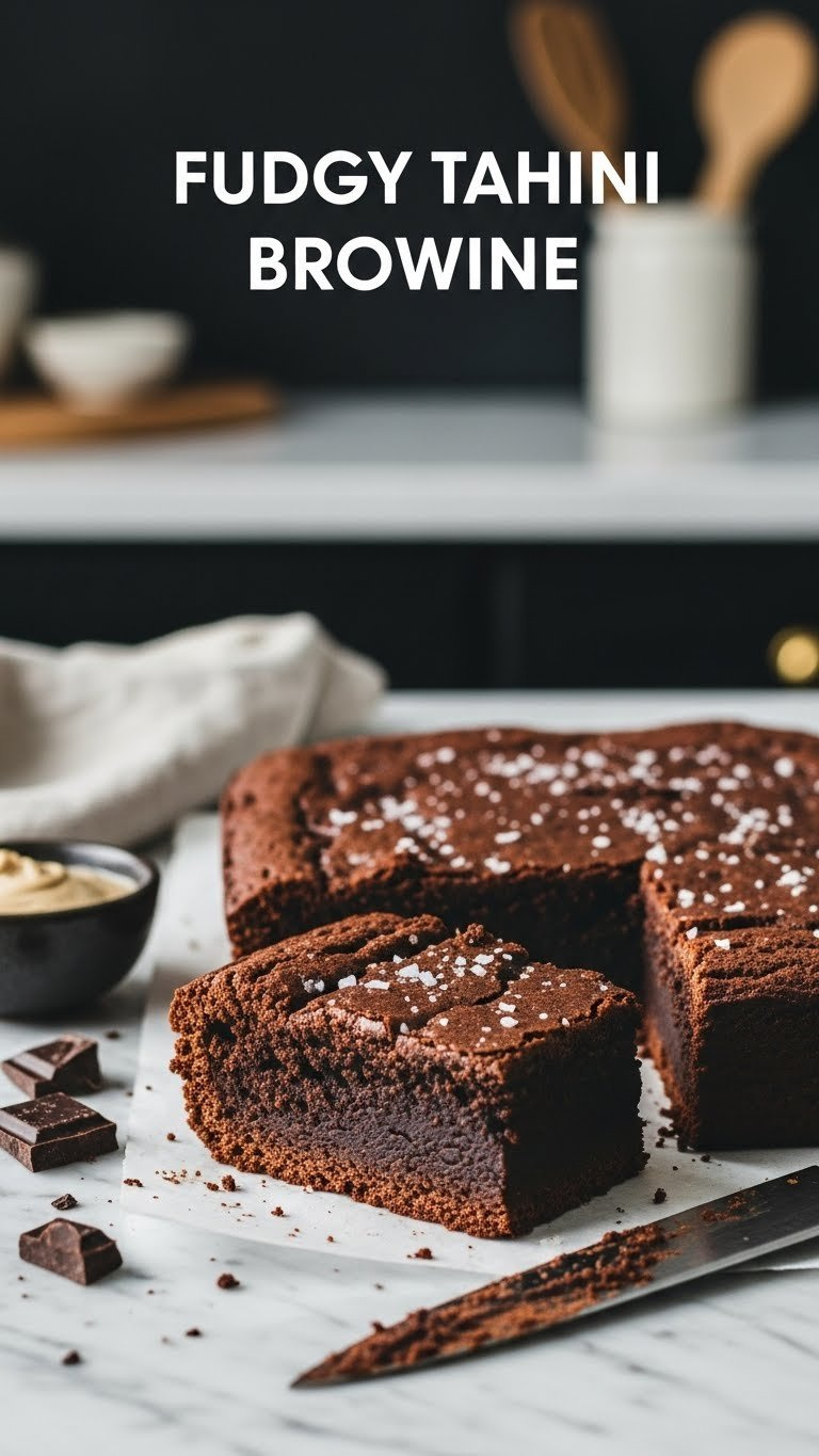 Fudgy Tahini Brownies With Crinkle Top And Cocoa Powder Dusting On Marble Countertop With Dramatic Side Lighting.