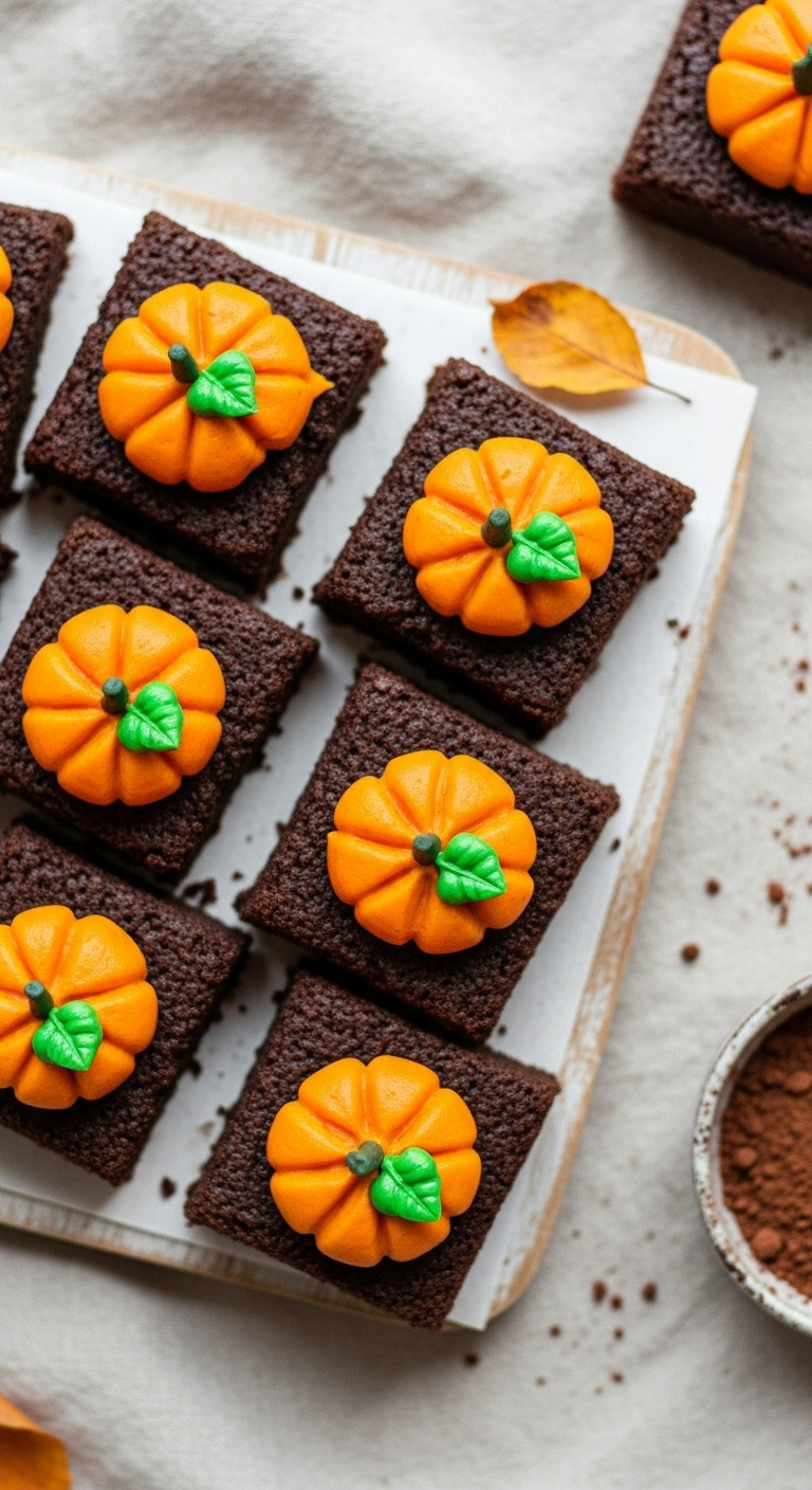 Fudgy Vegan Brownies Topped With Orange Pumpkin Frosting And Green Stems, Arranged On A Rustic Board For Fall Desserts.