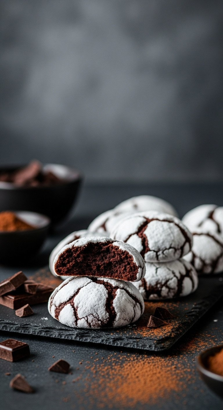 Fudgy Vegan Gluten-Free Chocolate Crinkle Cookies On A Dark Slate Board, Showing The Dense Brownie-Like Interior.